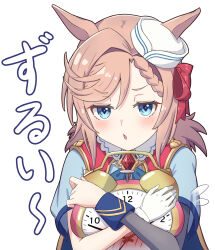 Rule 34 | animal ears, blue eyes, blush, brown hair, chahanramen, commentary request, hair between eyes, hair ornament, hat, highres, holding, holding alarm clock, horse ears, horse girl, hugging object, looking at viewer, low twintails, open mouth, portrait, short twintails, translation request, twintails, umamusume, venus paques (umamusume), white background