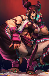 Rule 34 | 2girls, abs, absurdres, bare shoulders, breasts, capcom, chun-li, cleavage cutout, clothing cutout, female focus, gloves, han juri, highres, large breasts, multicolored eyes, multiple girls, muscular, muscular arms, muscular female, sitting, sitting on person, smile, standing on person, street fighter, street fighter 6, taking, talking, thick thighs, thighs