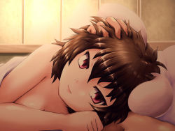 Rule 34 | 1girl, afterglow, animal ears, bed, bed sheet, brown hair, face, female focus, hand on own head, inaba tewi, light smile, looking at viewer, lying, naked sheet, nude, on side, pillow, rabbit ears, red eyes, shirosato, solo, touhou