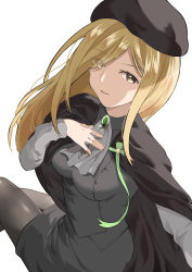 Rule 34 | 1girl, absurdres, ascot, beret, black cape, black hat, black pantyhose, black shirt, black skirt, blonde hair, breasts, cape, commentary, eyes visible through hair, hand on own chest, hat, highres, higurashi no naku koro ni, hitokuchi (gg chestnut), large breasts, long hair, long sleeves, looking at viewer, pantyhose, parted lips, pencil skirt, shirt, simple background, sitting, skirt, smile, solo, takano miyo, white background, yellow eyes