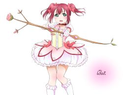 Rule 34 | 1girl, aiming, aiming at viewer, artist name, bow, bow (weapon), breasts, bubble skirt, choker, cosplay, cowboy shot, dress, frilled socks, frills, hair bow, highres, holding, holding bow (weapon), holding weapon, kaname madoka, kaname madoka (cosplay), kneehighs, kurosawa ruby, looking at viewer, love live!, love live! sunshine!!, mahou shoujo madoka magica, mahou shoujo madoka magica (anime), open mouth, pink dress, puffy short sleeves, puffy sleeves, red bow, red choker, ribbon choker, runi (87025), short hair, short sleeves, simple background, skirt, small breasts, socks, solo, teeth, twintails, upper teeth only, weapon, white background, white socks