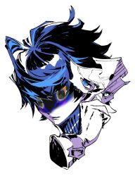 Rule 34 | 1boy, alchemy stars, blue eyes, blue hair, disembodied limb, gloves, highres, holding, holding mask, kohodn, looking at viewer, luke (alchemy stars), mask, masquerade mask, parted lips, portrait, short hair, simple background, white background, white gloves