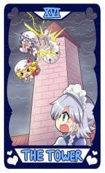 Rule 34 | &gt; &lt;, 3girls, bat wings, blonde hair, blue eyes, blush, braid, colonel aki, commentary request, english text, explosion, falling, flandre scarlet, izayoi sakuya, multiple girls, open mouth, remilia scarlet, roman numeral, siblings, silver hair, sisters, standing, surprised, tarot, tarot (medium), the tower (tarot), touhou, twin braids, wings