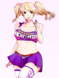 Rule 34 | 1girl, belt, blonde hair, breasts, candy, cheerleader, cleavage, clothes writing, collarbone, crop top, food, grasshopper manufacture, juliet starling, kutsuno (houhokeiyo), large breasts, lollipop, lollipop chainsaw, long hair, midriff, miniskirt, navel, scrunchie, simple background, skirt, smile, solo, thighhighs, tongue, twintails, white thighhighs