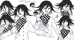 Rule 34 | 1boy, :d, biting, blue hair, buttons, cha c170, checkered clothes, checkered scarf, closed mouth, crying, danganronpa (series), danganronpa v3: killing harmony, double-breasted, happy, long sleeves, male focus, medium hair, multicolored hair, multiple views, nail biting, notice lines, oma kokichi, open mouth, scarf, smile, tears, teeth, translation request, two-tone hair, upper body, upper teeth only