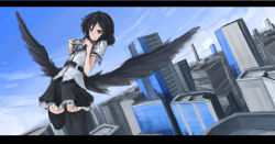 Rule 34 | 1girl, arceonn, black hair, black thighhighs, border, camera, cityscape, female focus, flying, highres, letterboxed, red eyes, shameimaru aya, short hair, solo, thighhighs, touhou, wings, zettai ryouiki
