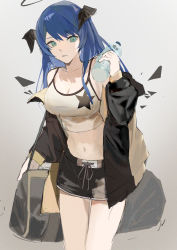 Rule 34 | 1girl, absurdres, aqua eyes, arknights, bag, bare shoulders, black jacket, black shorts, blue hair, bottle, breasts, camisole, cleavage, commentary, cowboy shot, crop top, duffel bag, grey background, halo, hand up, highres, holding, holding bottle, horns, jacket, large breasts, long hair, long sleeves, looking at viewer, midriff, mostima (arknights), navel, off shoulder, official alternate costume, open clothes, open jacket, short shorts, shorts, solo, spaghetti strap, standing, stomach, thighs, water bottle, yaruyan