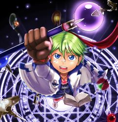 Rule 34 | 1boy, animal skull, bandaid, bandaid on cheek, bandaid on face, bandaid on nose, blue eyes, book, coat, from above, gloves, green hair, jewelry, looking up, magic, male focus, necklace, open mouth, original, satou (satohstc), solo, staff