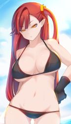 Rule 34 | 1girl, bera, bikini, black bikini, black gloves, blue sky, breasts, day, gloves, hand on own hip, highres, large breasts, long hair, navel, outdoors, pointy ears, red hair, shiki (psychedelic g2), side ponytail, sky, solo, standing, swimsuit, wet, yellow eyes, youkai ningen bem