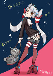 Rule 34 | 10s, 1girl, amatsukaze (kancolle), ass, black panties, blush, brown dress, brown eyes, character name, choker, dress, from behind, garter straps, hair between eyes, hair tubes, hairband, high heels, highres, kantai collection, lasy, long hair, long sleeves, looking at viewer, looking back, multicolored background, panties, red footwear, red thighhighs, rensouhou-kun, robot, sailor dress, see-through, shadow, shoes, short dress, silver hair, solo, standing, star (symbol), thighhighs, turret, twintails, two-tone background, underwear, zettai ryouiki
