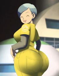 Rule 34 | 1girl, absurdres, ass, blue hair, breasts, bulma, capsule corp, curvy, derivative work, divine wine (vampiranhya), dragon ball, dragon ball super, dragon ball super super hero, earrings, closed eyes, highres, huge ass, jewelry, jumpsuit, large breasts, mature female, open mouth, screenshot redraw, short hair, smile, solo