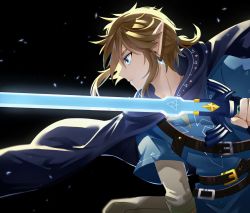 Rule 34 | 1boy, belt, black background, blonde hair, blue eyes, blue tunic, earrings, from side, highres, holding, holding sword, holding weapon, jewelry, kuroitubu, link, low ponytail, male focus, master sword, nintendo, parted lips, pointy ears, profile, short hair, shoulder belt, solo, sword, the legend of zelda, the legend of zelda: breath of the wild, weapon