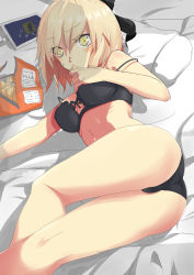 Rule 34 | 1girl, absurdres, ass, bed sheet, black bra, black panties, blonde hair, bra, breasts, chikkinage nage, chips (food), closed mouth, commentary, crotch seam, eating, fate/grand order, fate (series), food, from behind, frown, highres, looking at viewer, looking back, lying, medium breasts, okita souji (fate), okita souji (koha-ace), on bed, on side, panties, pillow, potato chips, short hair, solo, strap slip, sweatdrop, thighs, underwear, underwear only, yellow eyes