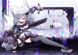 Rule 34 | 1girl, absurdres, animal ear fluff, animal ears, black thighhighs, braid, breasts, cleavage, collar, detached sleeves, dress, fingerless gloves, fox ears, fox girl, fox tail, full body, gloves, grey hair, hair ornament, highres, holding, holding sword, holding weapon, light frown, looking at viewer, low twin braids, mamuru, mary janes, medium breasts, on one knee, original, platform footwear, sheath, shoes, solo, strapless, sword, tail, thighhighs, twin braids, weapon, white dress, white footwear, yellow eyes
