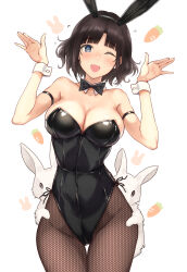 Rule 34 | 1girl, ;d, animal ears, arm strap, bare shoulders, black hair, black leotard, blue eyes, blush, breasts, cleavage, fake animal ears, fishnet pantyhose, fishnets, hands up, highleg, highleg leotard, highres, large breasts, leotard, looking at viewer, one eye closed, open mouth, original, pantyhose, playboy bunny, rabbit, rabbit ears, serizawa (serizawaroom), short hair, simple background, smile, solo, white background, wrist cuffs