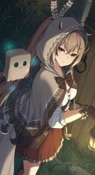 Rule 34 | 1girl, ahoge, bag, blouse, brown capelet, brown cloak, brown corset, brown eyes, brown hair, cape, capelet, cloak, corset, dagger, erezu, feather hair ornament, feathers, fence, friend (nanashi mumei), grass, hair ornament, hairclip, hieroglyphics, hololive, hololive english, hood, hood up, knife, lantern, long hair, looking at viewer, multicolored eyes, multicolored hair, nanashi mumei, night, paper bag, ponytail, red skirt, ribbon, rock, runes, shirt, skirt, stone, streaked hair, very long hair, virtual youtuber, weapon, white shirt, wooden fence, yellow eyes