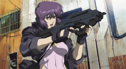 Rule 34 | 00s, 1girl, absurdres, breasts, building, bullpup, cable, cleavage, crop top, czn-m22, electric fan, fighting stance, fingerless gloves, ghost in the shell, ghost in the shell stand alone complex, gloves, gun, hair between eyes, hand fan, highleg, highleg leotard, highres, holding, industrial pipe, jacket, kusanagi motoko, large breasts, leather, leather jacket, leotard, looking away, machine pistol, midriff, navel, open clothes, open jacket, open mouth, outdoors, purple hair, red eyes, rifle, short hair, sleeves rolled up, solo, strap, submachine gun, upper body, weapon, window