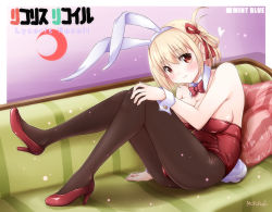 Rule 34 | 1girl, animal ears, black pantyhose, blonde hair, bob cut, bow, bowtie, breasts, commentary request, copyright request, couch, crescent, detached collar, fake animal ears, hair ribbon, large breasts, leotard, lycoris recoil, moyuru, nishikigi chisato, pantyhose, playboy bunny, rabbit ears, rabbit tail, red bow, red bowtie, red eyes, red leotard, red ribbon, ribbon, short hair, solo, strapless, strapless leotard, tail, wrist cuffs