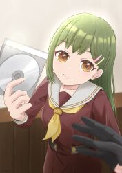 Rule 34 | 2girls, black gloves, blurry, blurry background, brown dress, brown eyes, cd, cd case, closed mouth, collarbone, commentary request, dress, female pov, futtenten, gloves, green hair, hair ornament, hairclip, half gloves, hasu no sora school uniform, highres, holding, holding cd, link! like! love live!, long hair, long sleeves, looking at viewer, love live!, multiple girls, neckerchief, oogami sachi, pleated dress, pov, sailor collar, sailor dress, school uniform, signature, smile, split mouth, straight hair, white sailor collar, winter uniform, yellow neckerchief, yugiri tsuzuri