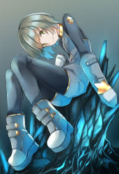 Rule 34 | 1girl, black bodysuit, blue hair, bodysuit, bodysuit under clothes, boots, breasts, brown eyes, brown hair, closed mouth, comah, elbow gloves, gloves, glowing, grey background, grey footwear, grey gloves, grey jumpsuit, jumpsuit, looking at viewer, multicolored hair, original, short jumpsuit, small breasts, smile, solo, two-tone hair