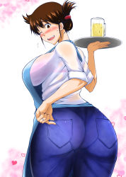 Rule 34 | 1girl, alcohol, apron, ass, beer, blush, bra, breasts, brown hair, character request, curvy, denim, huge breasts, jeans, kimura naoki, mature female, open mouth, pants, pantylines, plump, see-through, shiny skin, short hair, solo, source request, sweat, tray, underwear