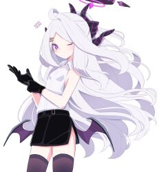 Rule 34 | 1girl, adjusting clothes, adjusting gloves, ahoge, black gloves, black skirt, black thighhighs, blue archive, commentary request, demon girl, demon horns, demon wings, gloves, hair between eyes, halo, highres, hina (blue archive), horns, long hair, long sleeves, looking at viewer, one eye closed, parted bangs, ponytail, purple eyes, sasanoha (sasanoha0712), side slit, sidelocks, simple background, skirt, solo, thighhighs, white hair, wings, zettai ryouiki