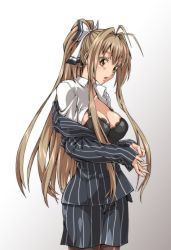 Rule 34 | 10s, 1girl, amagi brilliant park, antenna hair, black bra, blush, bra, breasts, brown eyes, brown hair, business suit, cleavage, dress shirt, formal, hair intakes, lace, lace-trimmed bra, lace trim, large breasts, long hair, long sleeves, open clothes, open mouth, open shirt, ozaneko, pantyhose, pencil skirt, pinstripe pattern, pinstripe suit, ponytail, sento isuzu, shirt, skirt, skirt suit, solo, striped, suit, underwear, undressing