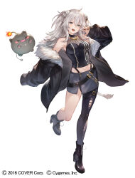 Rule 34 | 1girl, ahoge, animal ear piercing, animal ears, arm at side, artist request, bare shoulders, black footwear, black jacket, black nails, black pantyhose, black shirt, boots, breasts, claw pose, cleavage, commentary request, company name, crop top, double-parted bangs, fangs, fingernails, full body, fur-trimmed jacket, fur trim, grey eyes, grey hair, grey skirt, hair between eyes, high heel boots, high heels, highres, hololive, jacket, jewelry, large breasts, lion ears, lion girl, lion tail, long fingernails, long hair, long sleeves, looking at viewer, messy hair, midriff, miniskirt, nail polish, navel, necklace, o-ring, o-ring thigh strap, off shoulder, official art, open clothes, open jacket, open mouth, panty straps, pantyhose, see-through, see-through cleavage, sharp fingernails, shirt, shishiro botan, shishiro botan (1st costume), side slit, sidelocks, simple background, single leg pantyhose, skin tight, skirt, sleeveless, sleeveless shirt, smile, solo, ssrb (shishiro botan), standing, standing on one leg, tail, thigh strap, torn clothes, torn pantyhose, two side up, virtual youtuber, white background, zipper skirt