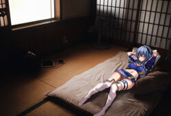 Rule 34 | 1girl, arms behind head, bandeau, black gloves, blue bandeau, blue eyes, blue hair, blue skirt, boots, breasts, cellphone, checkered clothes, commentary request, crop top, cropped jacket, eckert&amp;eich, electric fan, female focus, futon, gloves, gotland (kancolle), headphones, headset, highleg, highleg panties, highres, indoors, jacket, kantai collection, large breasts, long hair, lying, microphone, miniskirt, mole, mole under eye, one-hour drawing challenge, panties, phone, photo background, pillow, ponytail, race queen, skirt, smartphone, solo, tablet pc, tatami, thigh boots, underwear, white jacket, white panties, window