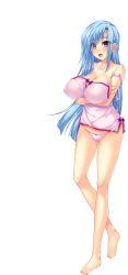 Rule 34 | 1girl, absurdres, aqua hair, bare shoulders, barefoot, blush, breasts, cleavage, crossed arms, earrings, full body, highres, hikage eiji, jewelry, koihime musou, large breasts, long hair, looking at viewer, mole, mole under eye, open mouth, panties, red eyes, solo, teifu, transparent background, underwear, yatsuha kanan