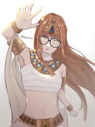 Rule 34 | 1girl, arm up, armlet, armpits, artist name, bandages, bare shoulders, belt, black-framed eyewear, blunt bangs, bracelet, breasts, brown hair, commentary request, cowboy, cowboy shot, egyptian clothes, glasses, gradient background, groin, jewelry, long hair, looking at viewer, midriff, navel, open mouth, orange hair, persona, persona 5, pppppknw, sakura futaba, sarashi, shadow (persona), shadow futaba, simple background, small breasts, solo, stomach, twitter username, upper body, usekh collar, very long hair, western, white background, yellow eyes