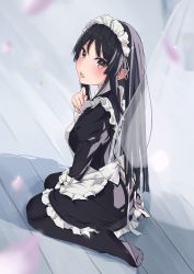 Rule 34 | 1girl, absurdres, akiyama mio, apron, black dress, black eyes, black hair, black thighhighs, blush, commentary request, dress, highres, k-on!, long hair, long sleeves, looking at viewer, looking to the side, maid, maid apron, maid headdress, necosuna7l, no shoes, open mouth, puffy long sleeves, puffy sleeves, sidelocks, solo, thighhighs, white apron