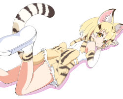 Rule 34 | 1girl, :/, animal ear fluff, animal ears, bare shoulders, blonde hair, bow, cat ears, cat tail, elbow gloves, extra ears, eyes visible through hair, foot up, from behind, gloves, ilyfon133, kemono friends, large bow, looking at viewer, looking back, lying, on stomach, print bow, print gloves, print socks, sand cat (kemono friends), sand cat print, shirt, shoes, short hair, simple background, sleeveless, sleeveless shirt, socks, solo, tail, waist bow, white background, white footwear, white shirt, yellow eyes
