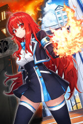 Rule 34 | 1girl, ahoge, armband, blue sky, building, burning, burning building, cain (gunnermul), closed mouth, cloud, collared jacket, collared shirt, fire, hair between eyes, hand up, highres, jacket, long hair, looking at viewer, neck ribbon, open clothes, open jacket, original, pyrokinesis, red eyes, red hair, ribbon, school uniform, shirt, skirt, sky, solo, stairs, thighhighs, white shirt, zettai ryouiki