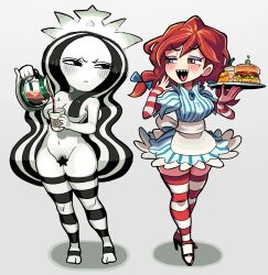 Rule 34 | 2girls, black eyes, black hair, blue eyes, blush, bow, braid, breasts, burger, censored, censored nipples, coffee pot, colored skin, dress, fang, female pubic hair, food, freckles, full body, gashi-gashi, hair bow, hair censor, hair over breasts, highres, large breasts, long hair, looking at another, multicolored hair, multiple girls, navel, nude, open mouth, pinstripe pattern, plate, pouring, product girl, pubic hair, red hair, smile, star (symbol), star censor, starbucks, starbucks siren, stb-chan, striped clothes, striped dress, striped legwear, striped thighhighs, thighhighs, twin braids, very long hair, wavy hair, wendy&#039;s, wendy (wendy&#039;s), white background, white hair, white skin