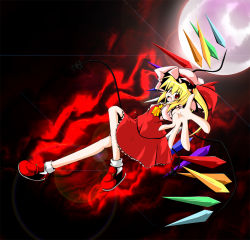 Rule 34 | 1girl, bad id, bad pixiv id, blonde hair, female focus, flandre scarlet, from side, full body, hat, mob cap, moon, outdoors, ponytail, red background, ribbon, short hair, sky, socks, solo, touhou, white hat, white socks, wings, yang tora