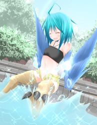 Rule 34 | 10s, 1girl, ahoge, blue hair, blue wings, breasts, day, dutch angle, closed eyes, feathered wings, gennsui, happy, harpy, monster girl, monster musume no iru nichijou, navel, open mouth, outdoors, papi (monster musume), short shorts, shorts, small breasts, smile, solo, splashing, talons, unbuttoned, water, winged arms, wings