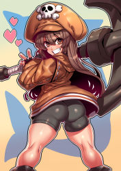 Rule 34 | 1girl, anchor, ass, bike shorts, brown hair, cabbie hat, coat, grin, guilty gear, hat, heart, highres, holding, holding anchor, legs, long hair, looking back, may (guilty gear), orange eyes, skull and crossbones, smile, solo, tukiwani, v