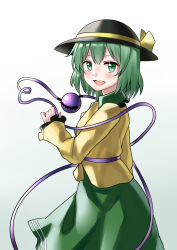 Rule 34 | 1girl, absurdres, ailu elf, black hat, chinese commentary, commentary request, gradient background, green background, green eyes, green hair, green skirt, hat, hat ribbon, heart, heart of string, highres, komeiji koishi, long sleeves, looking at viewer, open mouth, ribbon, shirt, short hair, skirt, solo, third eye, touhou, yellow ribbon, yellow shirt