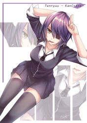 Rule 34 | 10s, 1girl, arm behind head, artist name, checkered clothes, checkered necktie, checkered neckwear, colored eyelashes, eyepatch, highres, kantai collection, looking at viewer, mizonaki, mouth hold, necktie, no headwear, open mouth, purple hair, salute, short hair, sitting, solo, tenryuu (kancolle), thighhighs, twig, yellow eyes