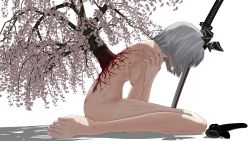Rule 34 | 1girl, back, black bow, black hairband, black ribbon, blood, blue eyes, bob cut, bow, breasts, cherry blossoms, cherry tree, completely nude, crying, female focus, from behind, hair ribbon, hairband, highres, katana, konpaku youmu, medium breasts, nise golgo, nude, open mouth, pain, ribbon, roots, shadow, sheath, short hair, silver hair, simple background, sitting, solo, sword, touhou, tree, weapon, white background