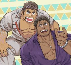 Rule 34 | 2boys, :d, abs, alternate skin color, bad id, bad twitter id, bara, beard, dagon (housamo), dark-skinned male, dark skin, facial hair, feet out of frame, frown, goggles, goggles on head, jewelry, kajiya kurogane, long sideburns, looking at viewer, male focus, mature male, multiple boys, muscular, muscular male, navel, necklace, open clothes, open mouth, open shirt, pectoral cleavage, pectorals, purple shirt, shirt, short hair, shouting, sideburns, sleeves rolled up, smile, squatting, stubble, thick eyebrows, thighs, tokyo houkago summoners, yakisoba ohmori