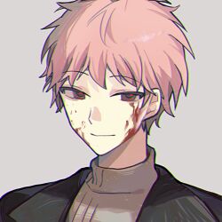 Rule 34 | 1boy, atou haruki, black jacket, blood, blood on face, brown eyes, brown sweater, chinese commentary, chromatic aberration, closed mouth, commentary request, grey background, highres, jacket, linguihong01278, male focus, open clothes, open jacket, pink hair, portrait, saibou shinkyoku, short hair, simple background, smile, solo, spoilers, sweater, turtleneck, turtleneck sweater