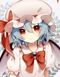 Rule 34 | 1girl, bat wings, blue hair, bow, brooch, dyumo (moffri), hat, hat bow, jewelry, light smile, mob cap, portrait, puffy short sleeves, puffy sleeves, red eyes, remilia scarlet, short sleeves, slit pupils, smile, solo, touhou, upper body, wings