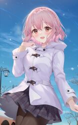 Rule 34 | 1girl, absurdres, bare tree, black skirt, black thighhighs, blue sky, blush, breasts, coat, commission, date a live, duffel coat, highres, ion (on01e), jacket, lamppost, long sleeves, looking at viewer, medium breasts, pink eyes, pink hair, pixiv commission, shirt, short hair, skirt, sky, smile, snowflakes, snowing, solo, sonogami rinne, thighhighs, tree, white jacket