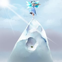 Rule 34 | 1girl, chirigami-san, cirno, female focus, frog, ice, light rays, outstretched arms, shoot the bullet, solo, standing, standing on one leg, sunbeam, sunlight, touhou, wings