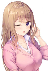 Rule 34 | 1girl, bad id, bad twitter id, blush, breasts, brown hair, cardigan, collarbone, collared shirt, d;, dress shirt, highres, large breasts, long hair, looking at viewer, medium breasts, one eye closed, open mouth, original, pasdar, pink cardigan, purple eyes, school uniform, shirt, simple background, sleeves pushed up, solo, upper body, white background, white shirt
