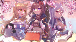 Rule 34 | 3girls, animal ear fluff, animal ears, arch bishop (ragnarok online), bell, bird, black dress, black gloves, black headwear, black jacket, black shorts, blonde hair, blue dress, blush, book, breasts, brown hair, cat ears, character request, cherry blossoms, chest harness, cleavage, cleavage cutout, closed mouth, clothing cutout, commentary request, cowboy shot, cropped jacket, dress, fox ears, fur-trimmed gloves, fur trim, gloves, hair bell, hair between eyes, hair ornament, harness, hat, highres, holding, holding paintbrush, jacket, jingle bell, large breasts, long hair, medium breasts, multiple girls, open book, open mouth, paintbrush, penguin, purple eyes, ragnarok online, sample watermark, shorts, sketchbook, thighhighs, top hat, tree, two-tone dress, vixiq, warlock (ragnarok online), watermark, white dress, white hair, white legwear, yellow eyes