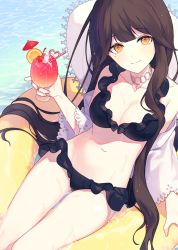 Rule 34 | 1girl, bikini, black bikini, breasts, brown hair, character request, collarbone, cup, drink, eyebrows, forever 7th capital, holding, holding cup, innertube, jewelry, long hair, looking at viewer, medium breasts, mole, mole under eye, navel, neck ring, orange eyes, silltare, smile, solo, swim ring, swimsuit, very long hair