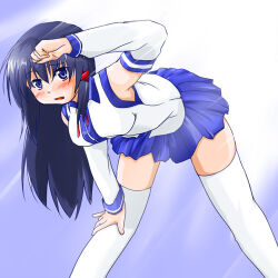 Rule 34 | 1girl, bent over, blue eyes, blue hair, blush, collared shirt, detached sleeves, hair ribbon, hand on own knee, long hair, long sleeves, looking at viewer, lowres, neck ribbon, open mouth, os-tan, pleated skirt, ribbon, shirt, skirt, sleeveless, sleeveless shirt, solo, thighhighs, tress ribbon, vallerg, xp-tan